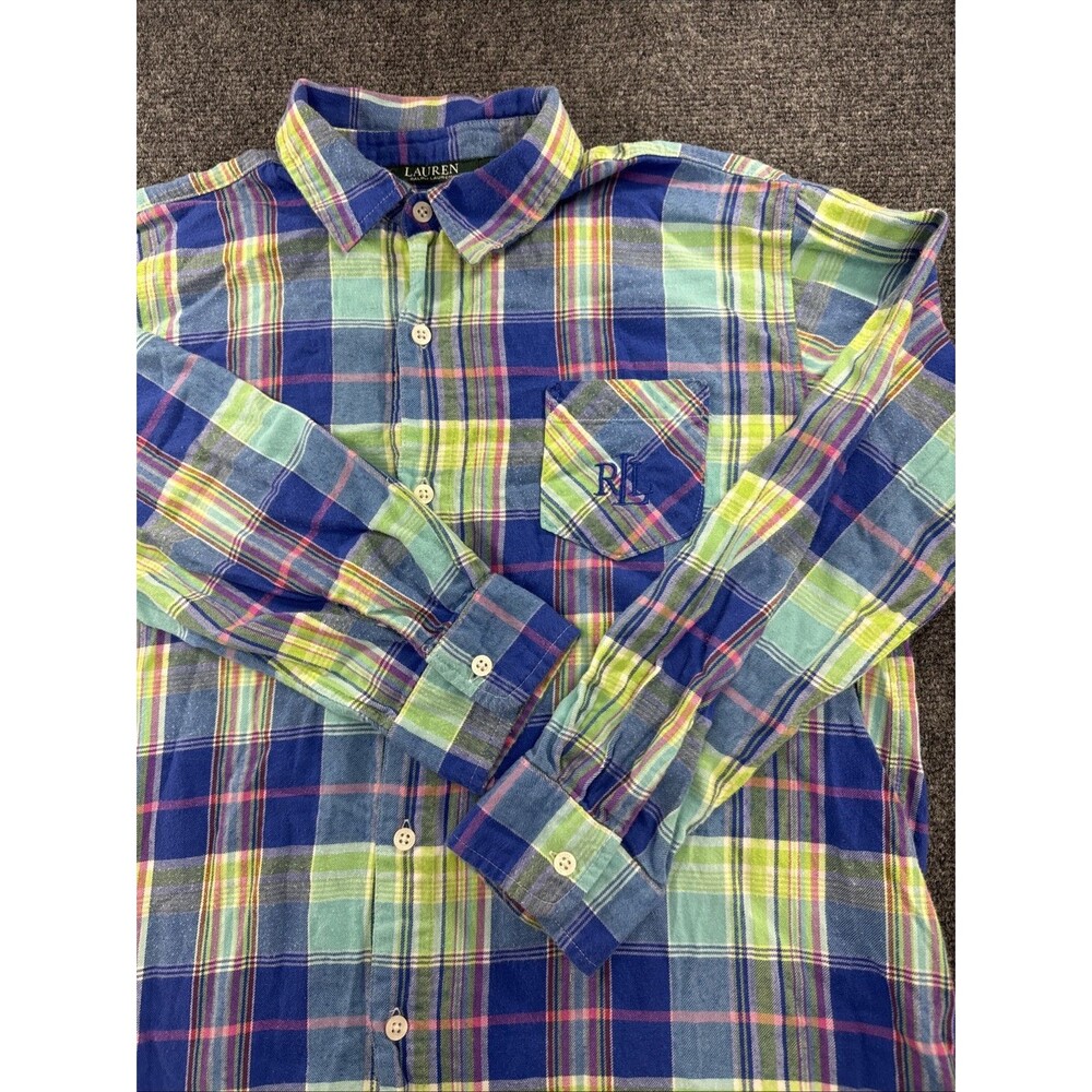 Lauren Ralph Lauren Madras Plaid Shirt Womens M Blue Green Pink RL Monogram